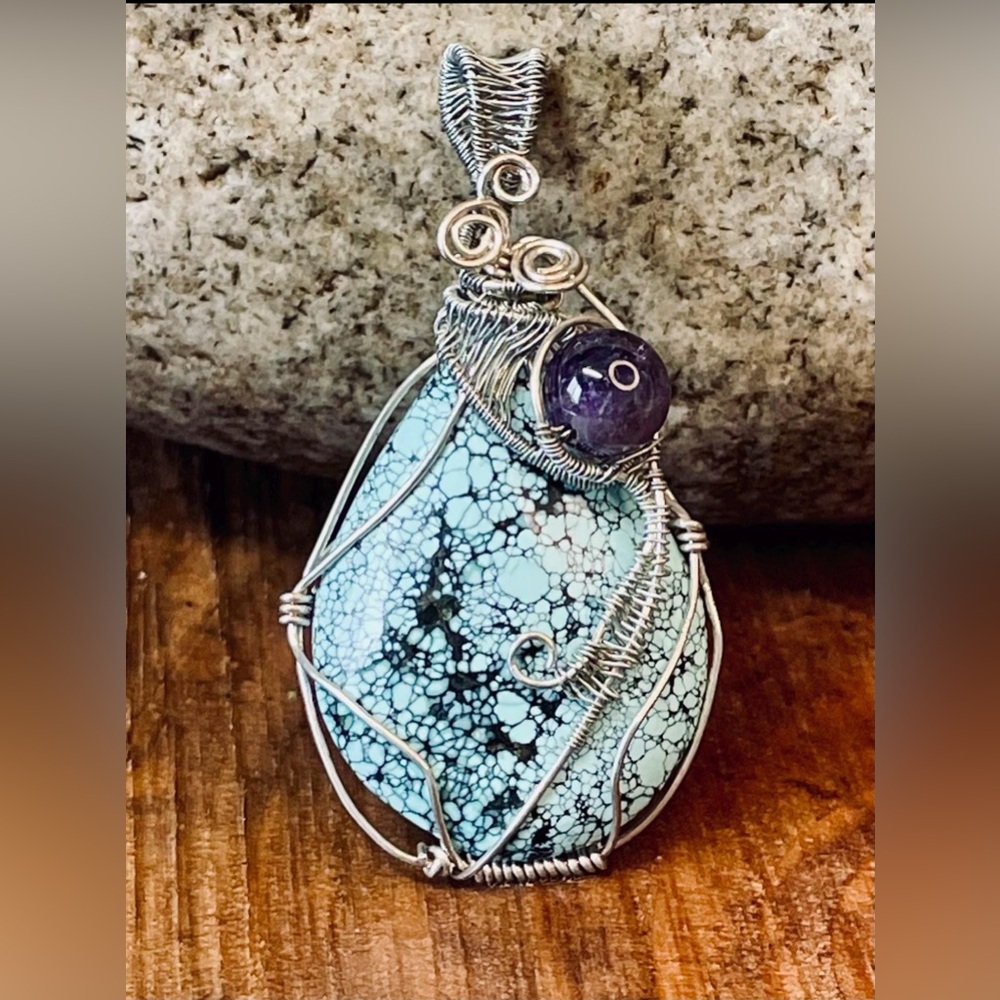 Jody Waltman Turquoise & Amethyst Wire Wrapped Pendant – Artisan Statement Piece